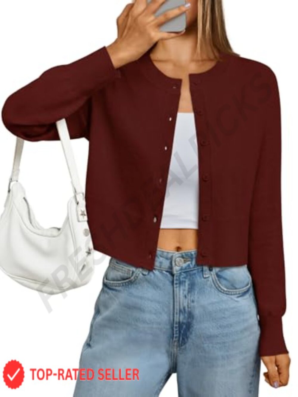 Lightweight Cropped Cardigan Crew Neck Button Long Sleeve Sweater